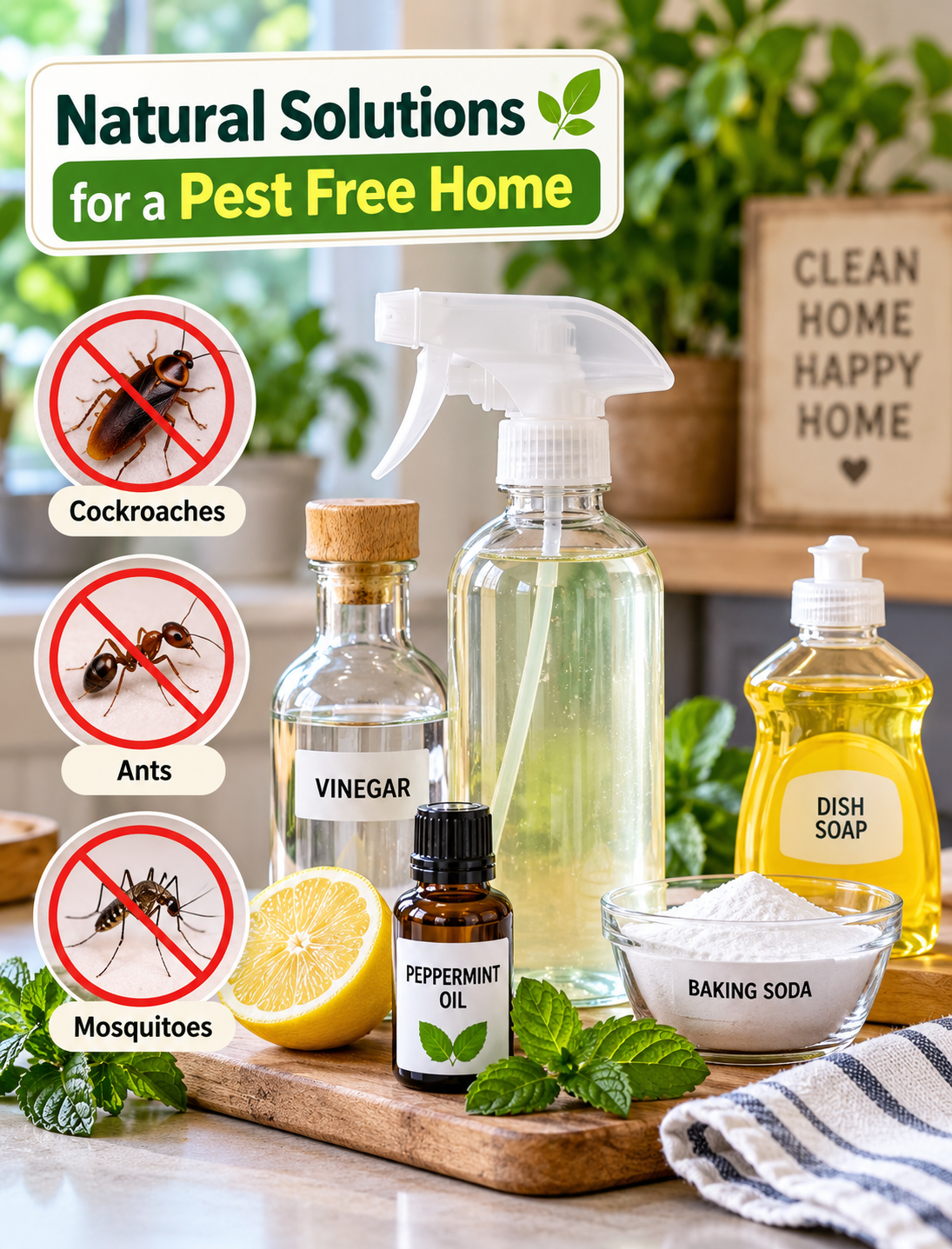 Natural pest control spray with vinegar, peppermint oil, and household ingredients for a pest-free home