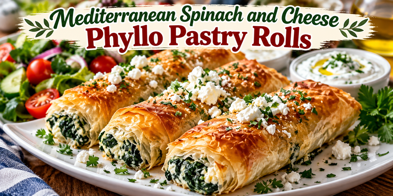 Mediterranean Spinach and Cheese Phyllo Pastry Rolls with feta and fresh spinach