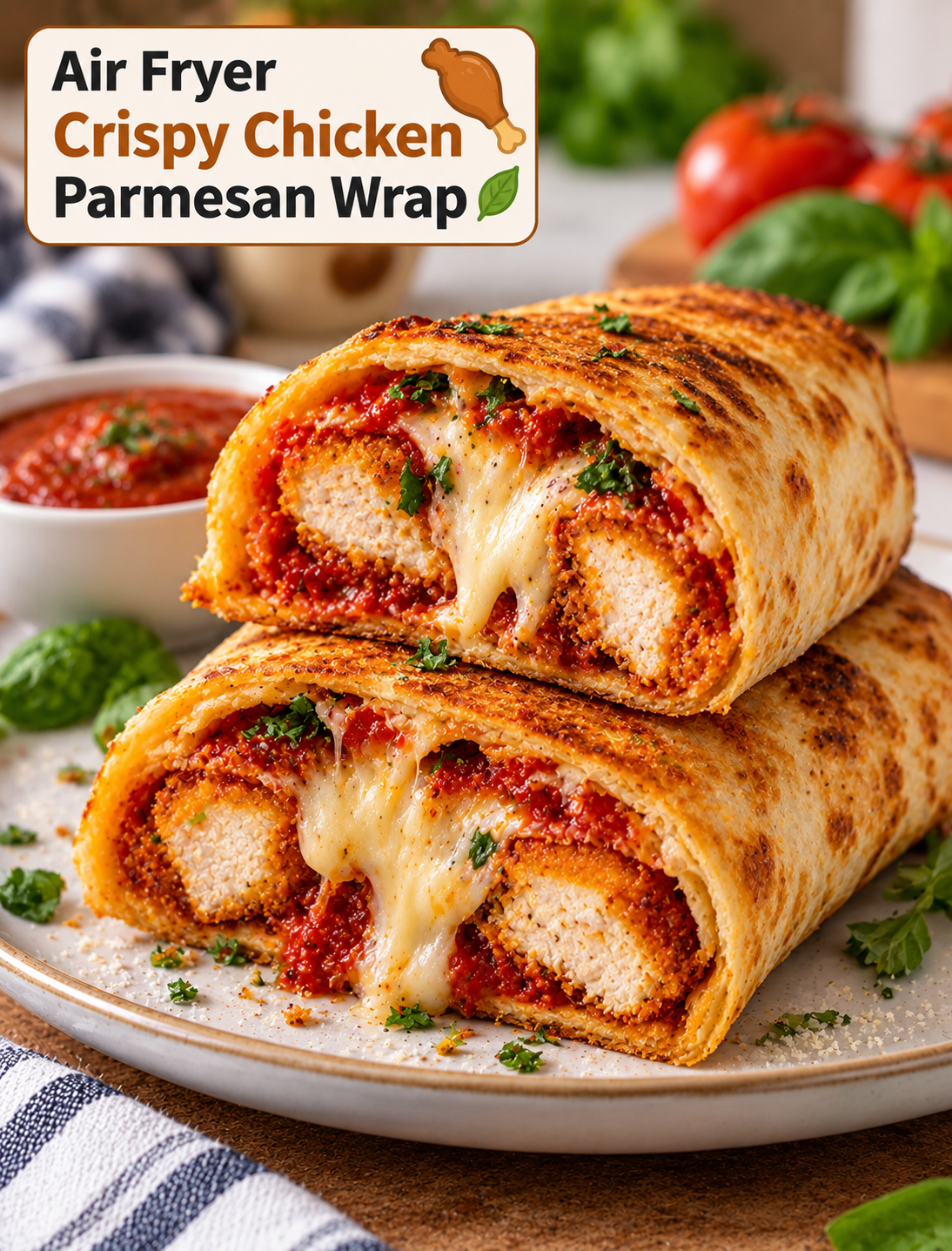 Crispy chicken Parmesan wrap with melted mozzarella, marinara sauce, Parmesan cheese, and fresh basil served on a plate