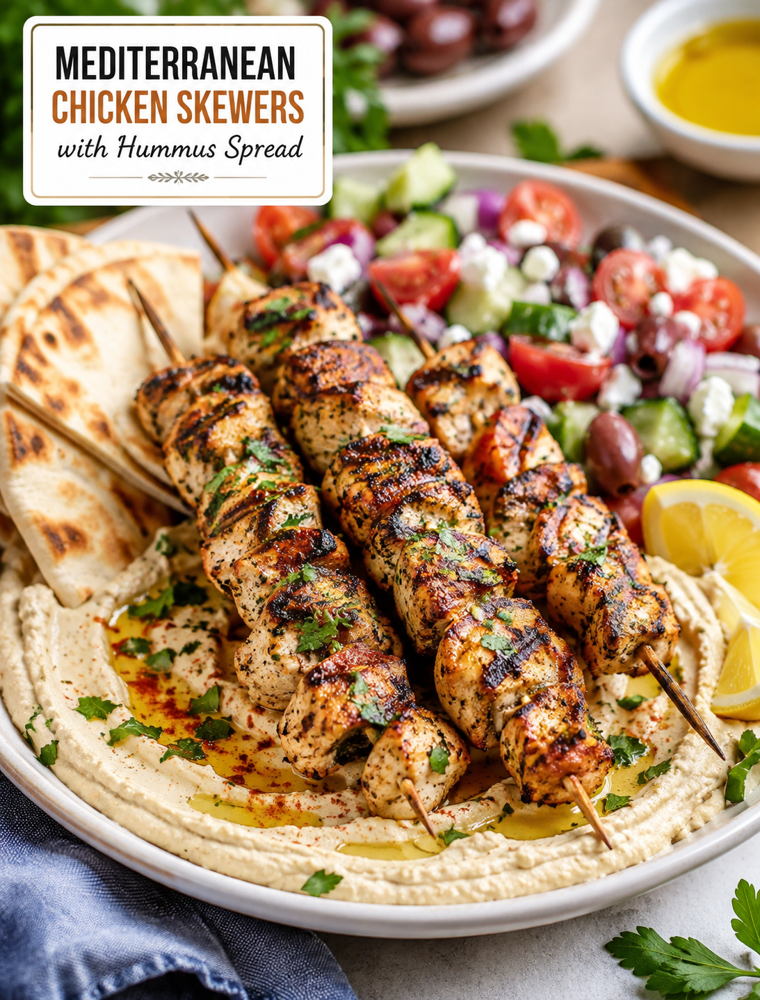 Mediterranean chicken skewers served over creamy hummus with pita, cucumber, tomatoes, olives, and fresh herbs.