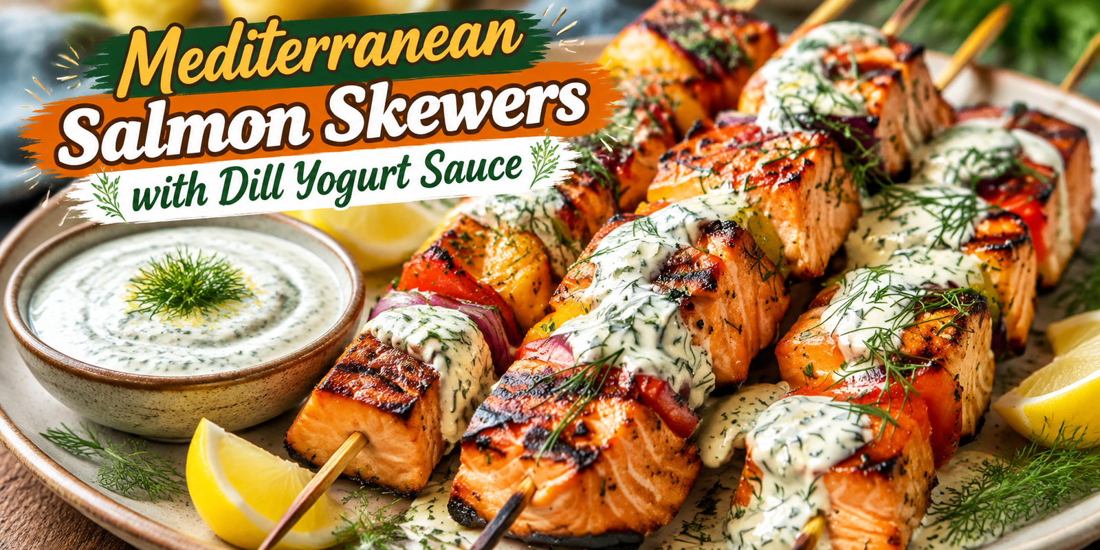 Mediterranean Salmon Skewers with Dill Yogurt Sauce featuring grilled salmon cubes, creamy yogurt sauce, fresh dill, and lemon