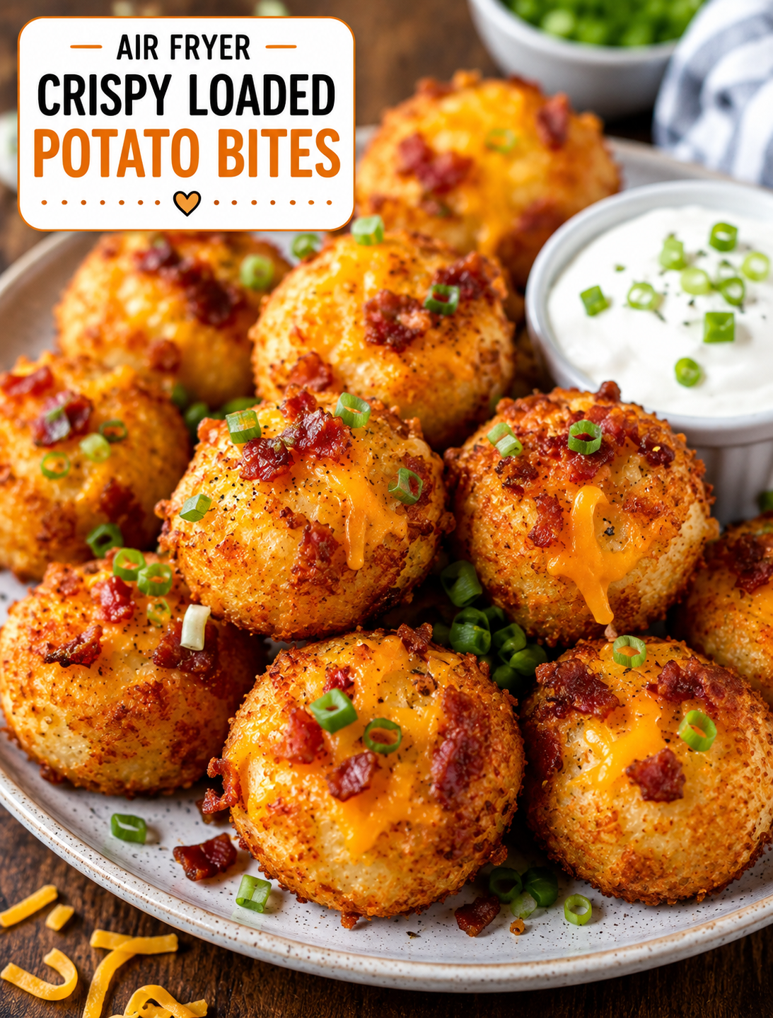 Air Fryer Crispy Loaded Potato Bites with melted cheddar, bacon, and golden breadcrumb coating