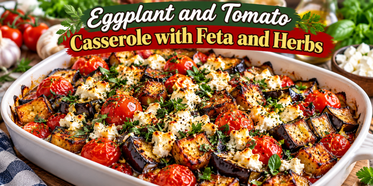 Eggplant and Tomato Casserole with Feta and Herbs featuring roasted eggplant, tomatoes, crumbled feta, garlic, and fresh herbs