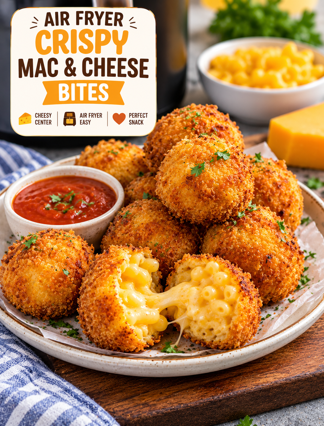 Golden crispy air fryer mac and cheese bites with crunchy breadcrumb coating and creamy cheesy centers served with dipping sauce