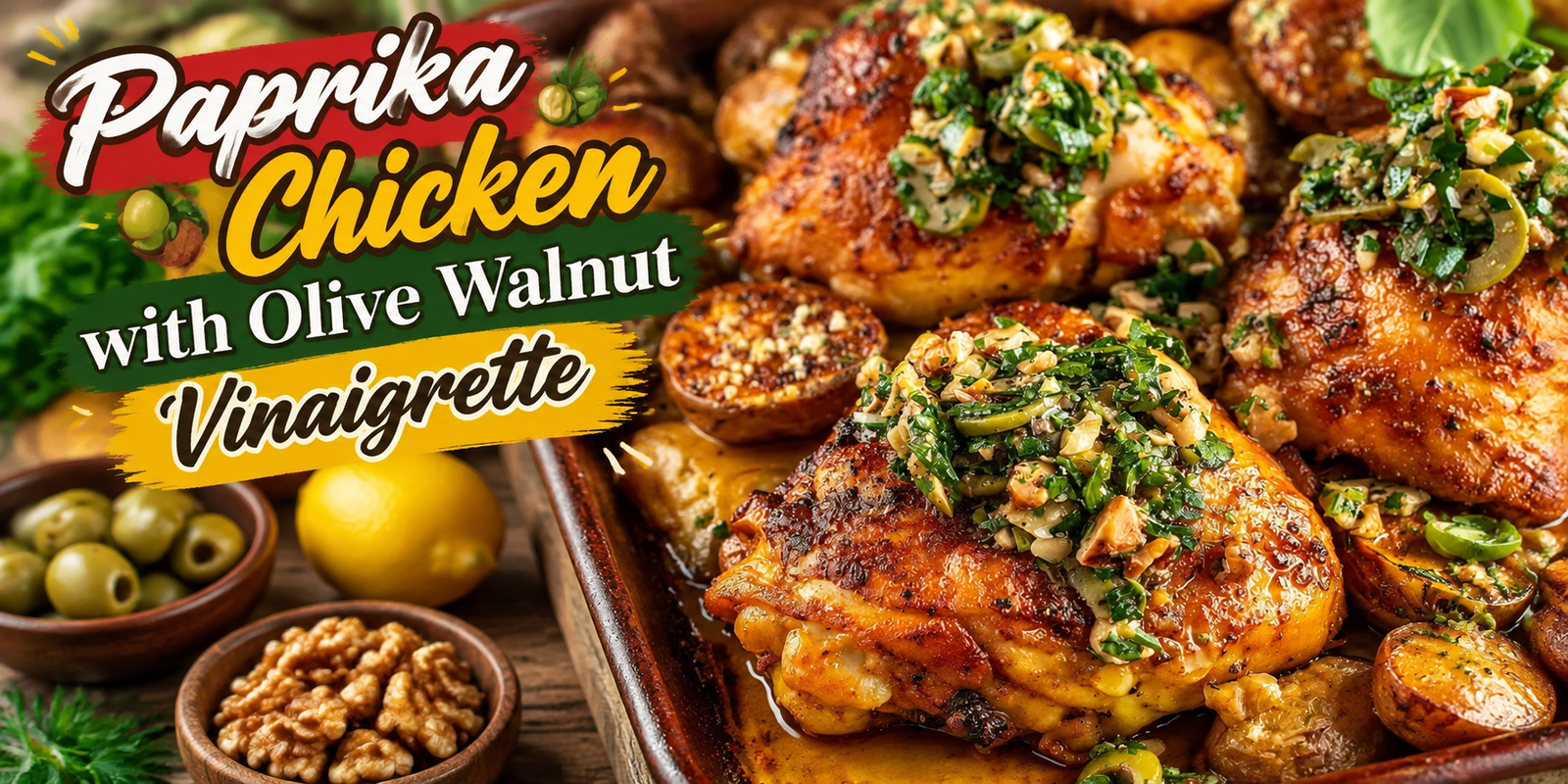 Juicy paprika chicken topped with olive walnut vinaigrette, fresh herbs, and roasted potatoes in a Mediterranean style dish