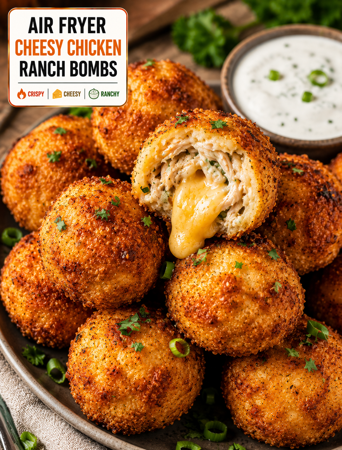 Crispy air fryer cheesy chicken ranch bombs with melted cheese inside, golden breadcrumbs, ranch dip, and fresh green onions