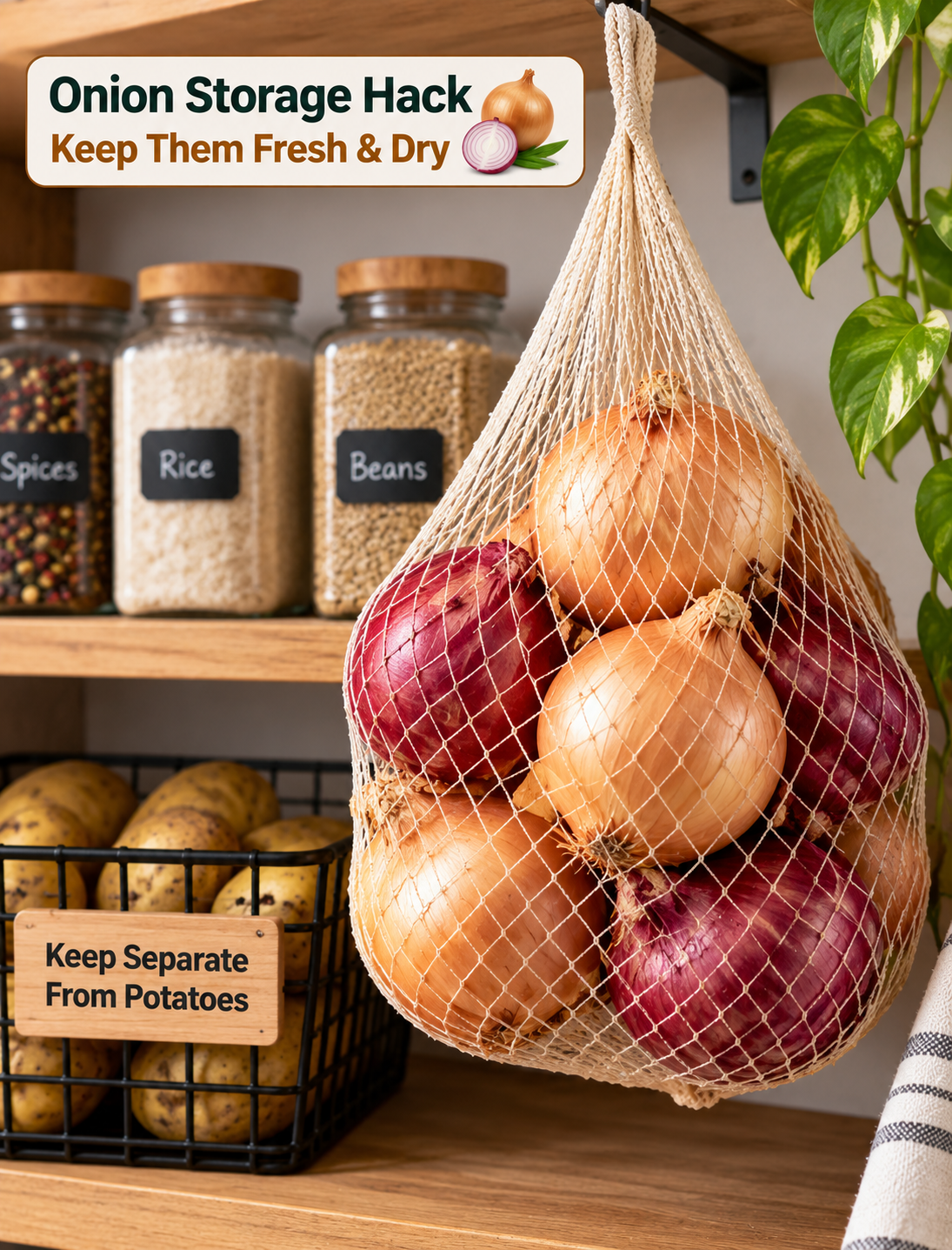 Fresh whole onions stored in a breathable mesh bag in a cool, dry pantry with proper airflow