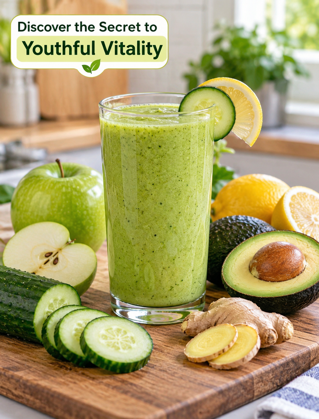 Fresh cucumber avocado green apple ginger and lemon youthful vitality wellness drink in a glass