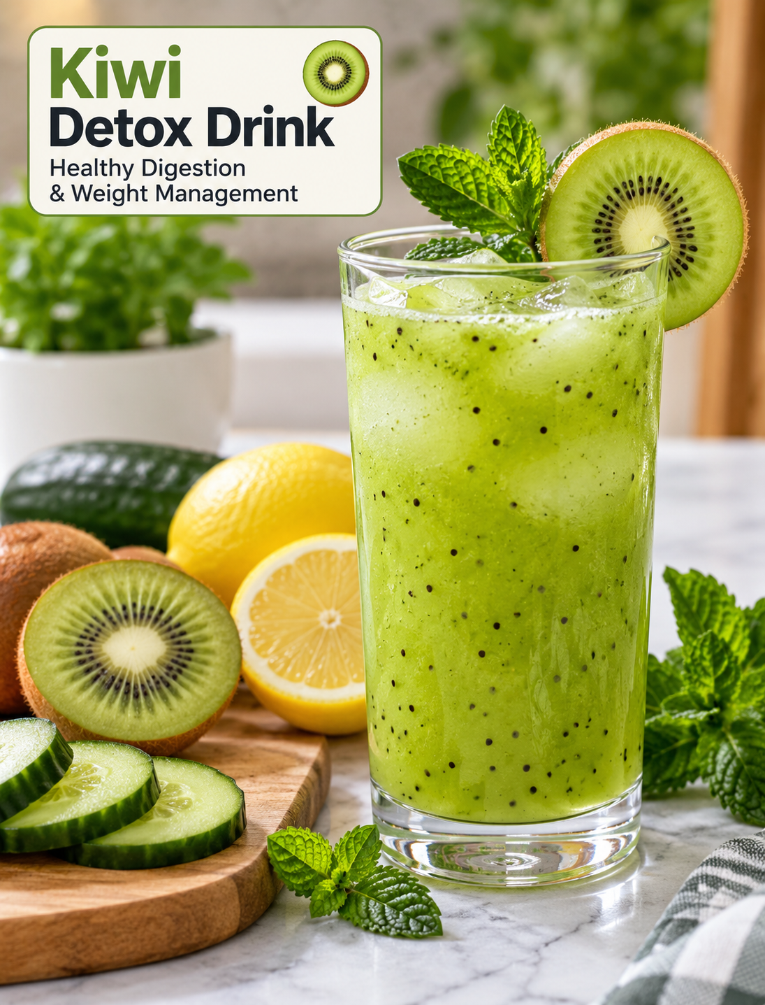 Fresh kiwi detox drink with cucumber, lemon, mint, and ice in a glass