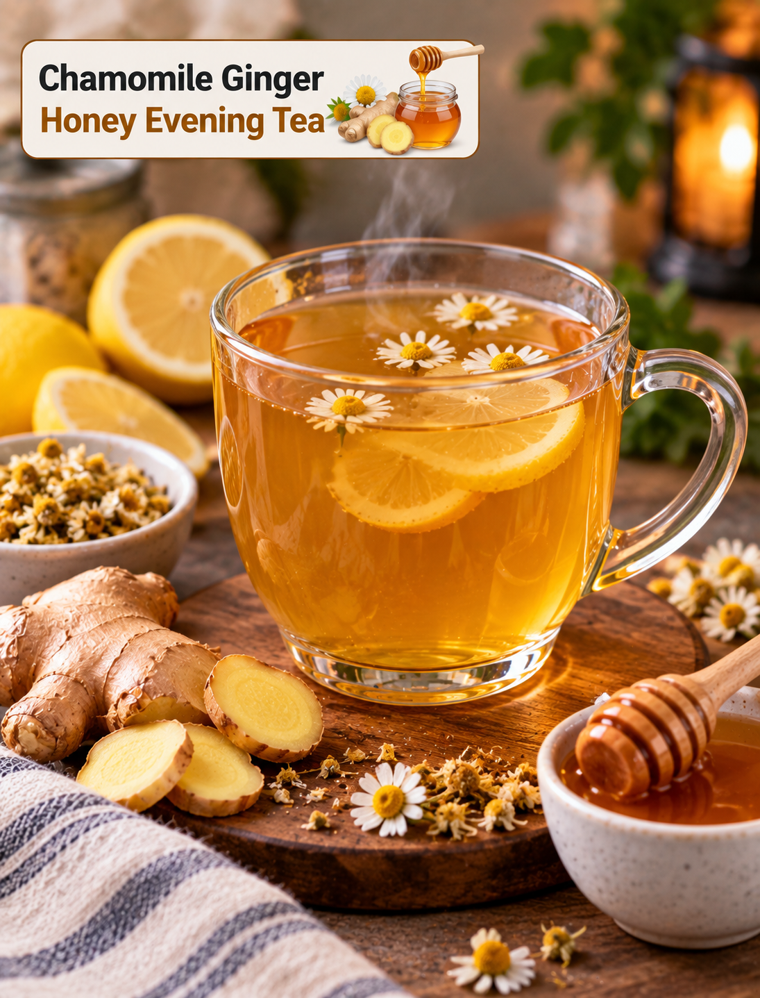 Warm chamomile ginger honey tea in a glass mug with lemon slices, fresh ginger, chamomile flowers, honey, and cinnamon