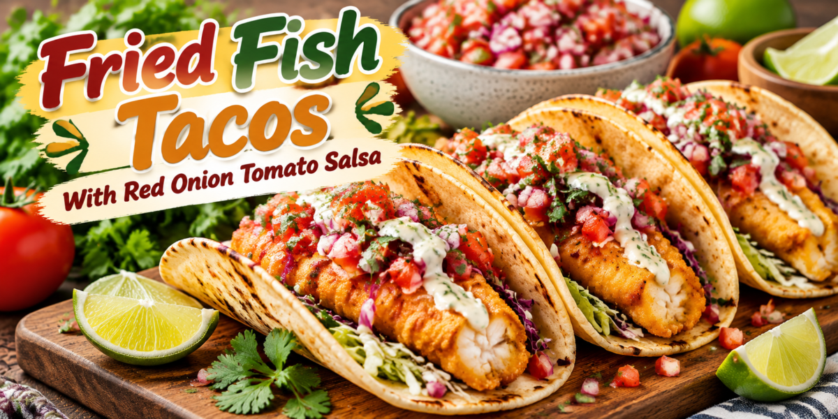 Fried Fish Tacos with Red Onion Tomato Salsa, crispy fish, fresh vegetables, and lime toppings
