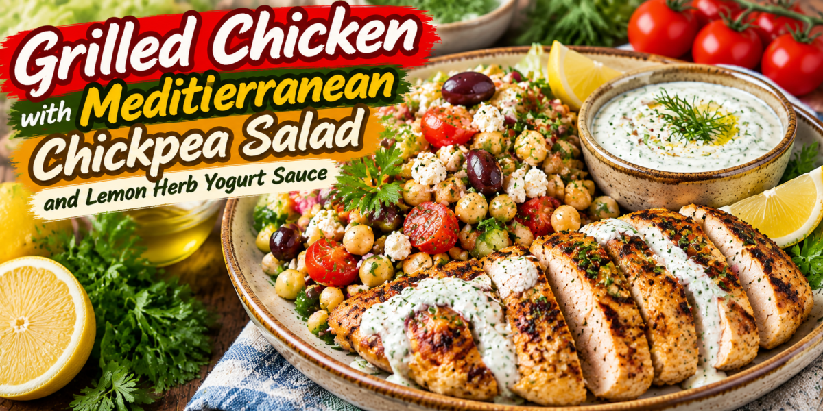Grilled Chicken served with Mediterranean chickpea salad and lemon herb yogurt sauce on a plate