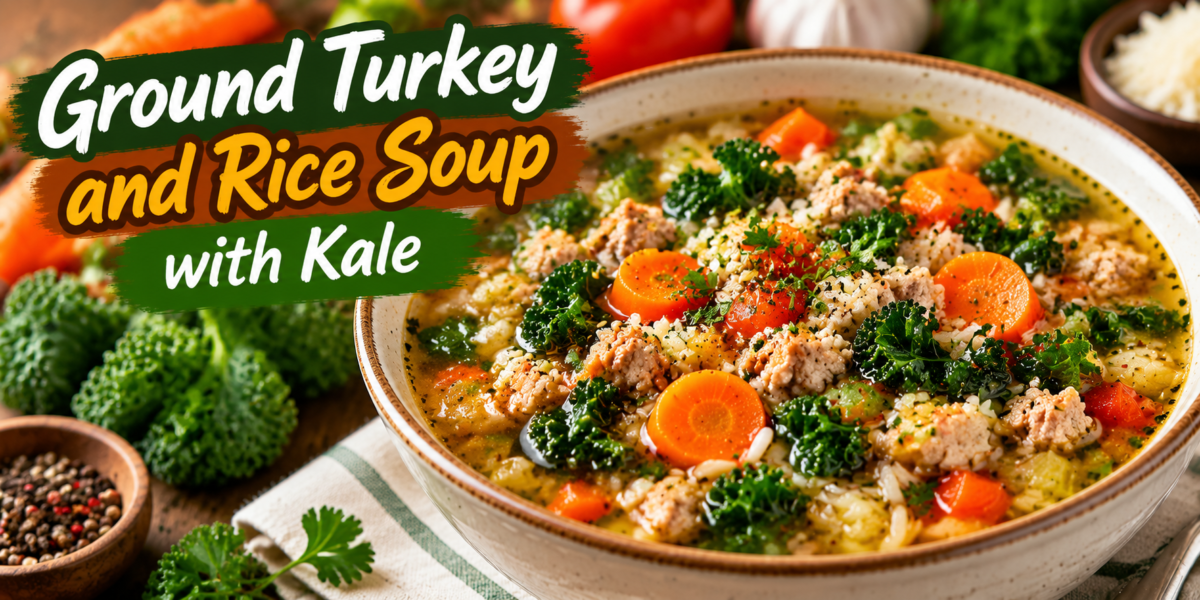 Turkey Rice Soup with kale, ground turkey, rice, and fresh vegetables in a bowl