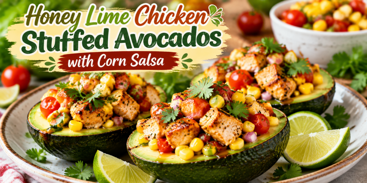 Stuffed Avocados filled with honey lime chicken, corn salsa, tomatoes, and fresh cilantro