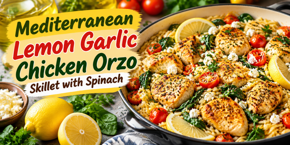 Mediterranean Lemon Garlic Chicken Orzo Skillet with spinach, chicken, lemon, herbs, and feta cheese