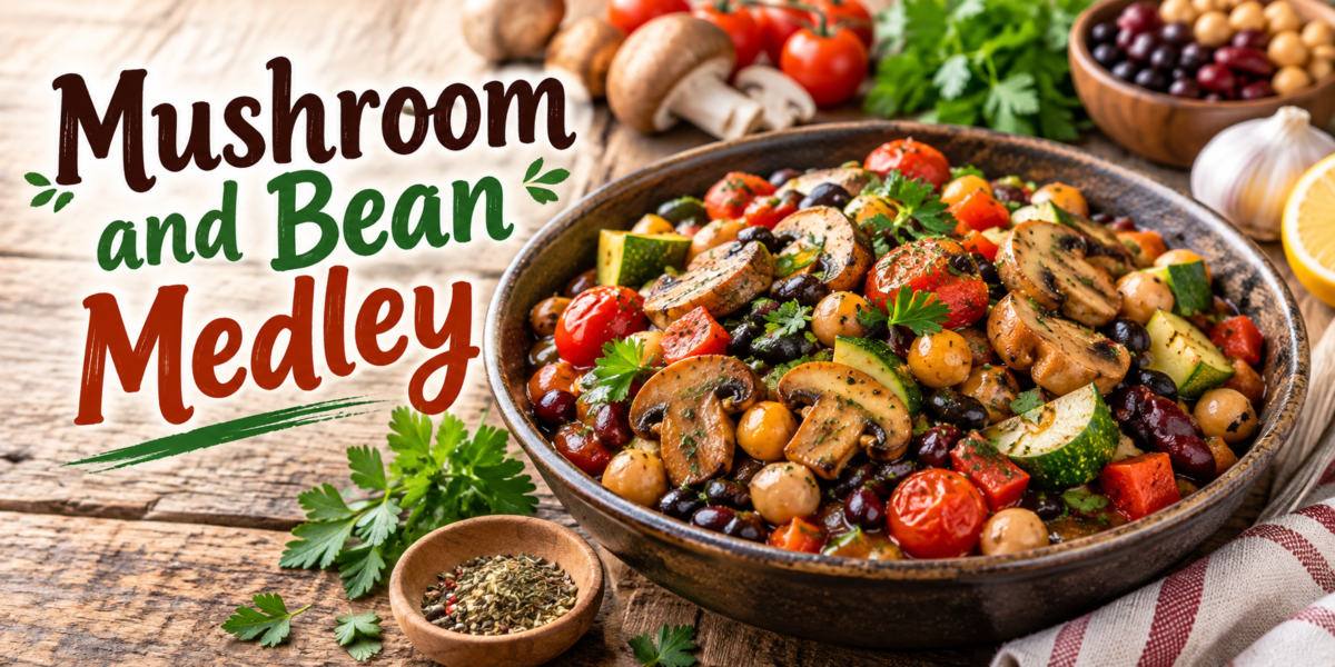 Mushroom Bean Medley with mushrooms, mixed beans, vegetables, and fresh herbs in a bowl