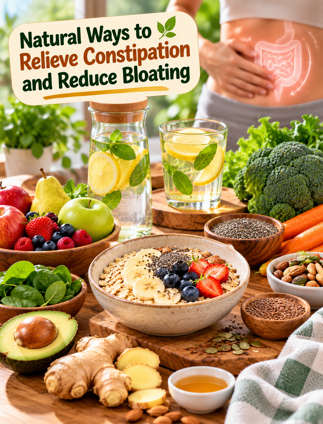 Natural ways to relieve constipation and reduce bloating with fiber-rich foods, water, walking, and healthy digestion habits