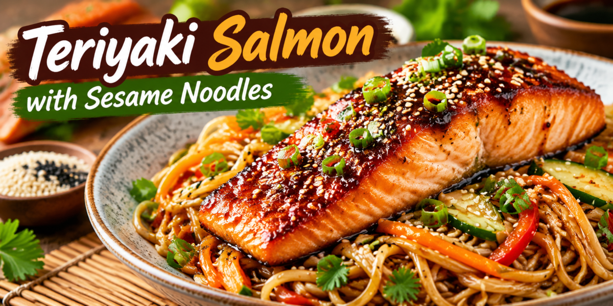 Teriyaki Salmon with Sesame Noodles served with sesame sauce and fresh vegetables