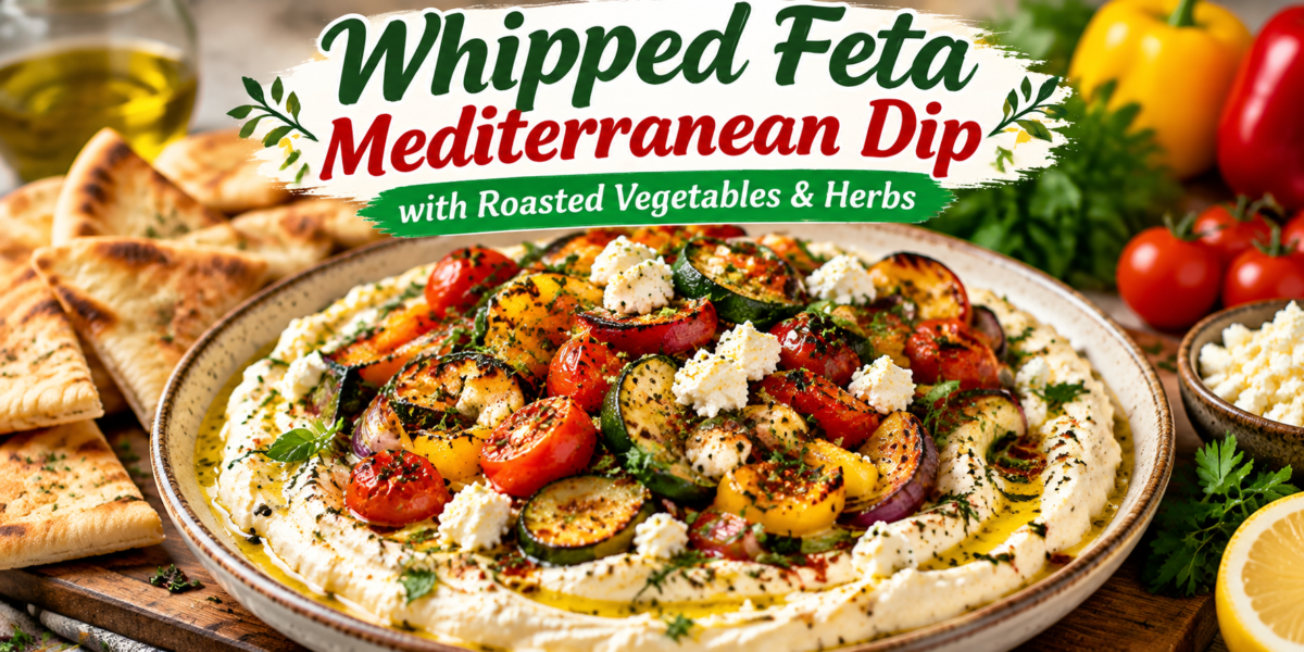 Whipped Feta Dip with creamy feta cheese, roasted vegetables, fresh herbs, olive oil, and Mediterranean flavors