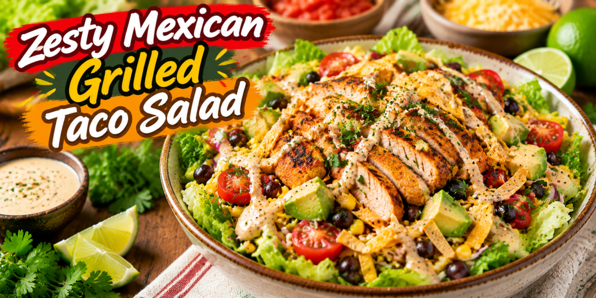 Zesty Mexican Grilled Taco Salad with grilled chicken, vegetables, avocado, beans, and creamy dressing