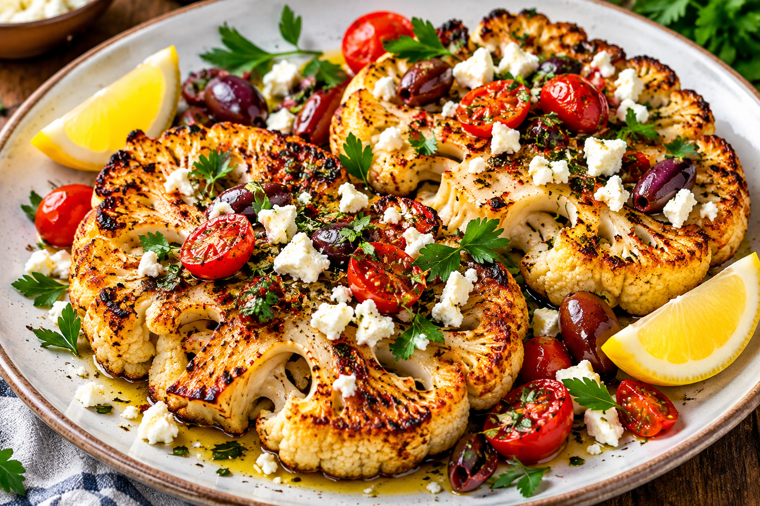 Mediterranean Cauliflower Steaks with feta, herbs and roasted tomatoes