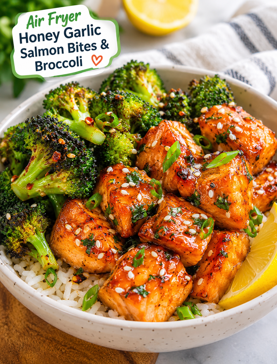 Air fryer honey garlic salmon bites with roasted broccoli over rice, topped with sesame seeds and sliced green onions.