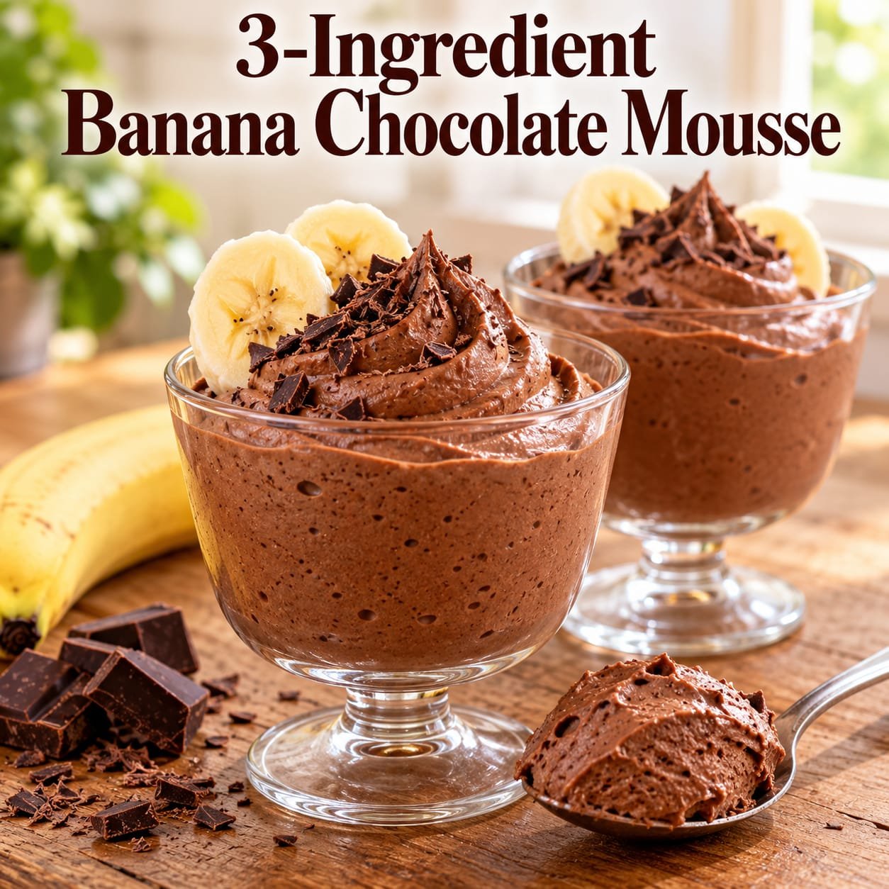 Banana Chocolate Mousse with ripe bananas, cocoa powder, Greek yogurt, and a smooth creamy chocolate texture
