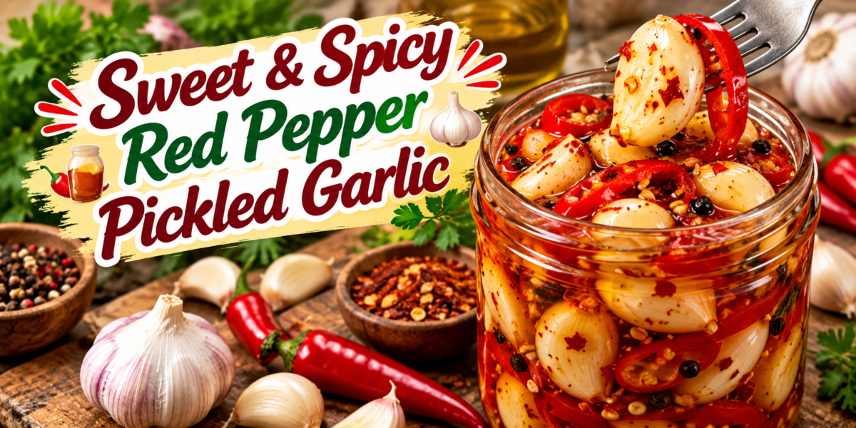 Sweet and spicy pickled garlic cloves with red pepper slices, vinegar, chili flakes, and herbs in a glass jar