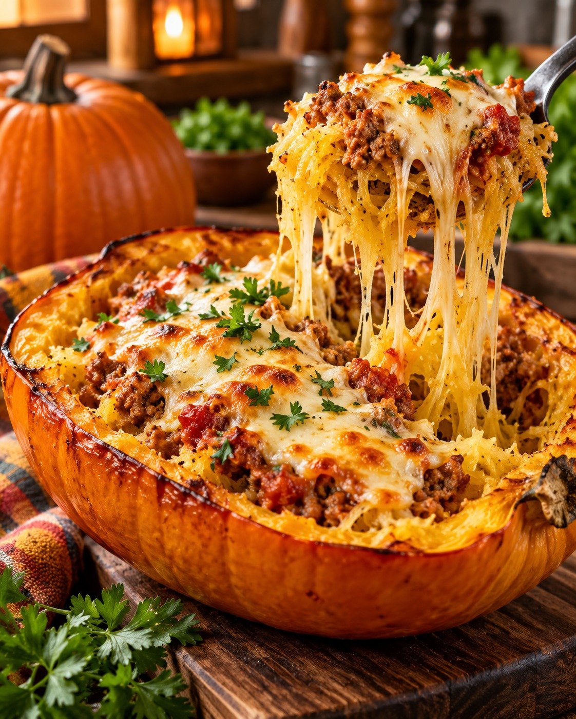 Spaghetti Squash Bake with roasted spaghetti squash, seasoned ground beef, marinara, mozzarella, cheddar, Parmesan, and fresh herbs