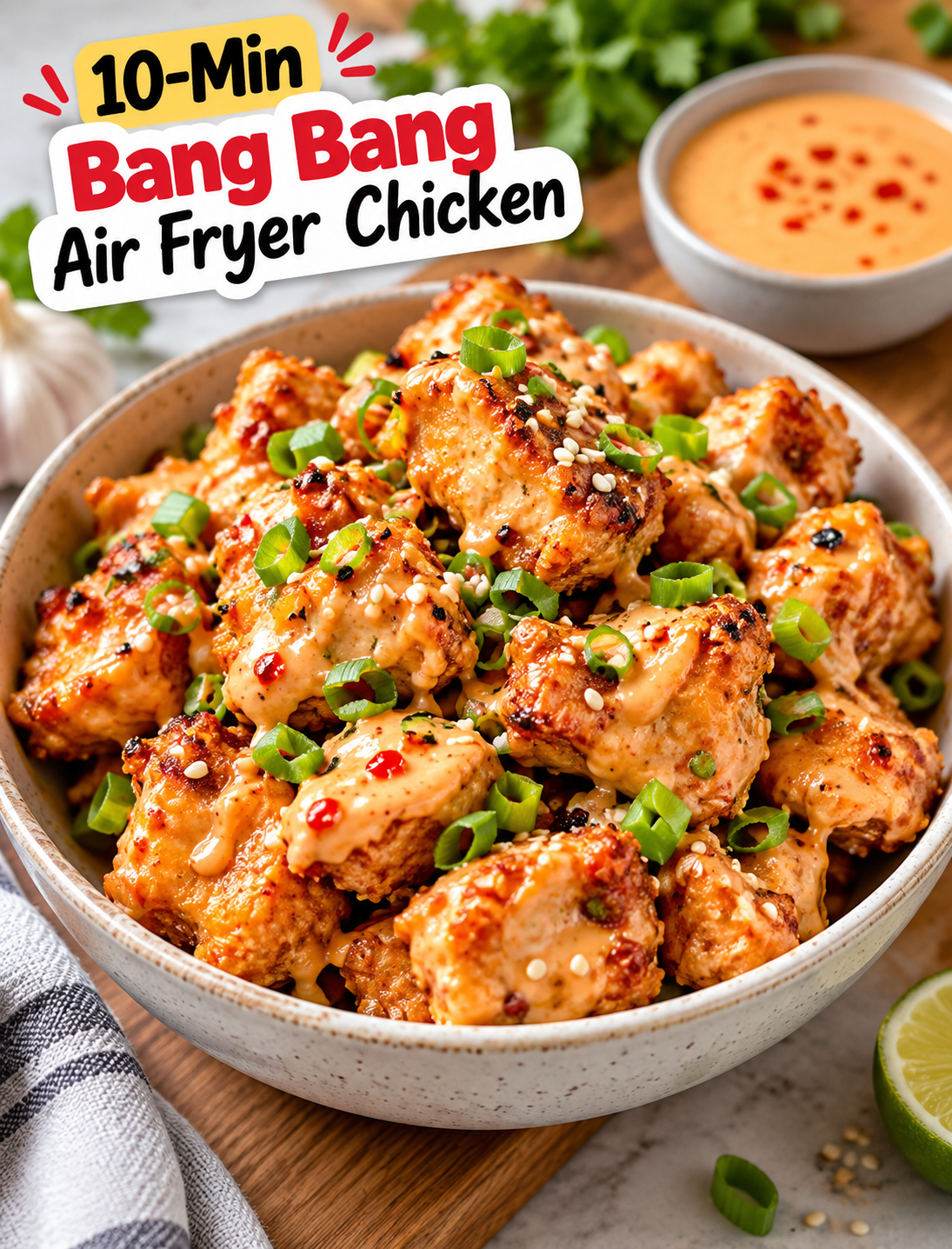 10-Min Bang Bang Air Fryer Chicken with crispy chicken pieces and creamy spicy sauce