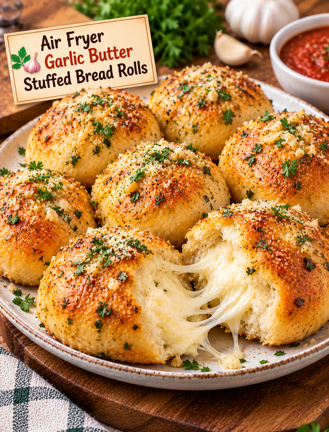 Air Fryer Garlic Butter Stuffed Bread Rolls filled with melted mozzarella and topped with garlic butter and Parmesan