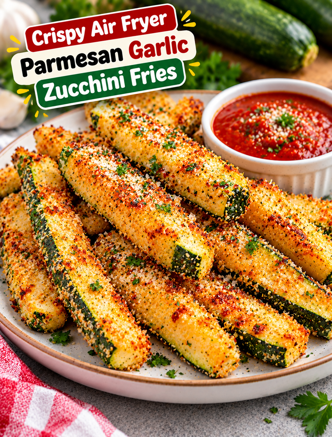 Crispy air fryer Parmesan garlic zucchini fries coated in golden breadcrumbs and served with marinara dipping sauce.