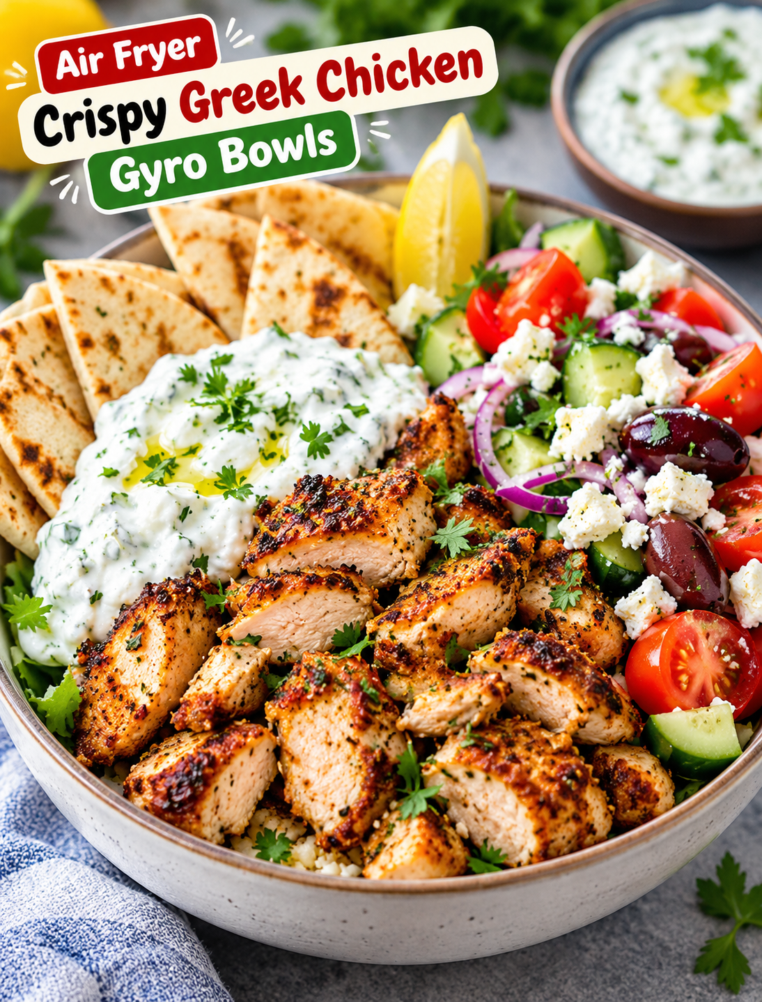 Air fryer crispy Greek chicken gyro bowl with seasoned chicken, tzatziki, cucumber, tomatoes, feta, olives, and pita