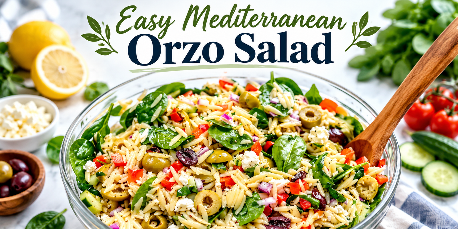 Easy Mediterranean Orzo Salad with orzo pasta, spinach, cucumber, tomatoes, olives, feta cheese, and fresh herbs