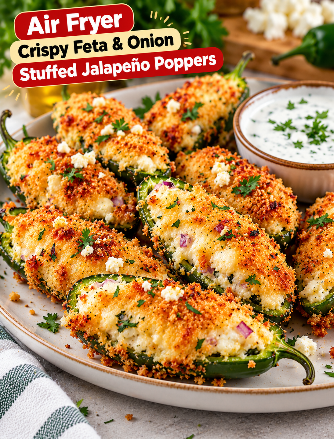 Air fryer crispy feta and onion stuffed jalapeño poppers with golden panko breadcrumbs and creamy cheese filling, served with ranch dipping sauce.