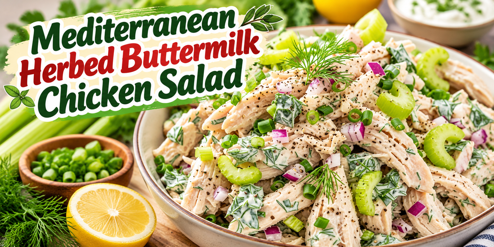 Chicken Salad with tender chicken, creamy Greek yogurt dressing, celery, cucumber, red onion, dill, parsley, and fresh herbs