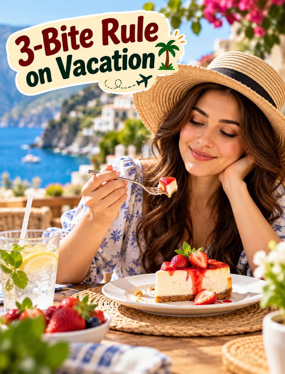 Woman enjoying a balanced vacation meal while considering the 3-bite rule for dessert
