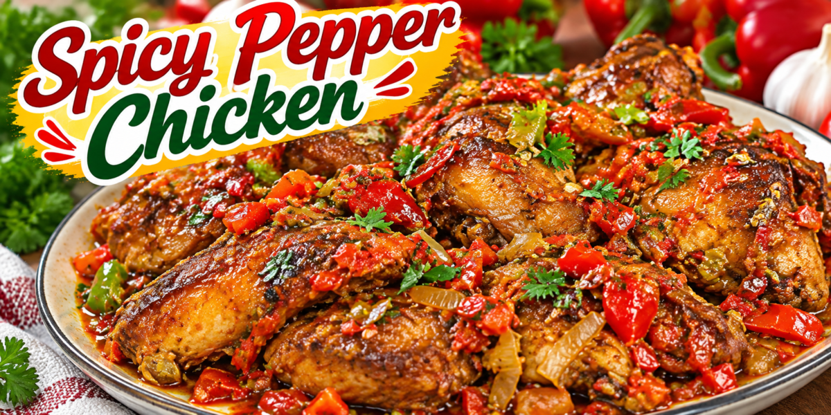 Spicy Pepper Chicken with golden chicken pieces, red and green peppers, tomatoes, onions, fresh herbs, and savory sauce
