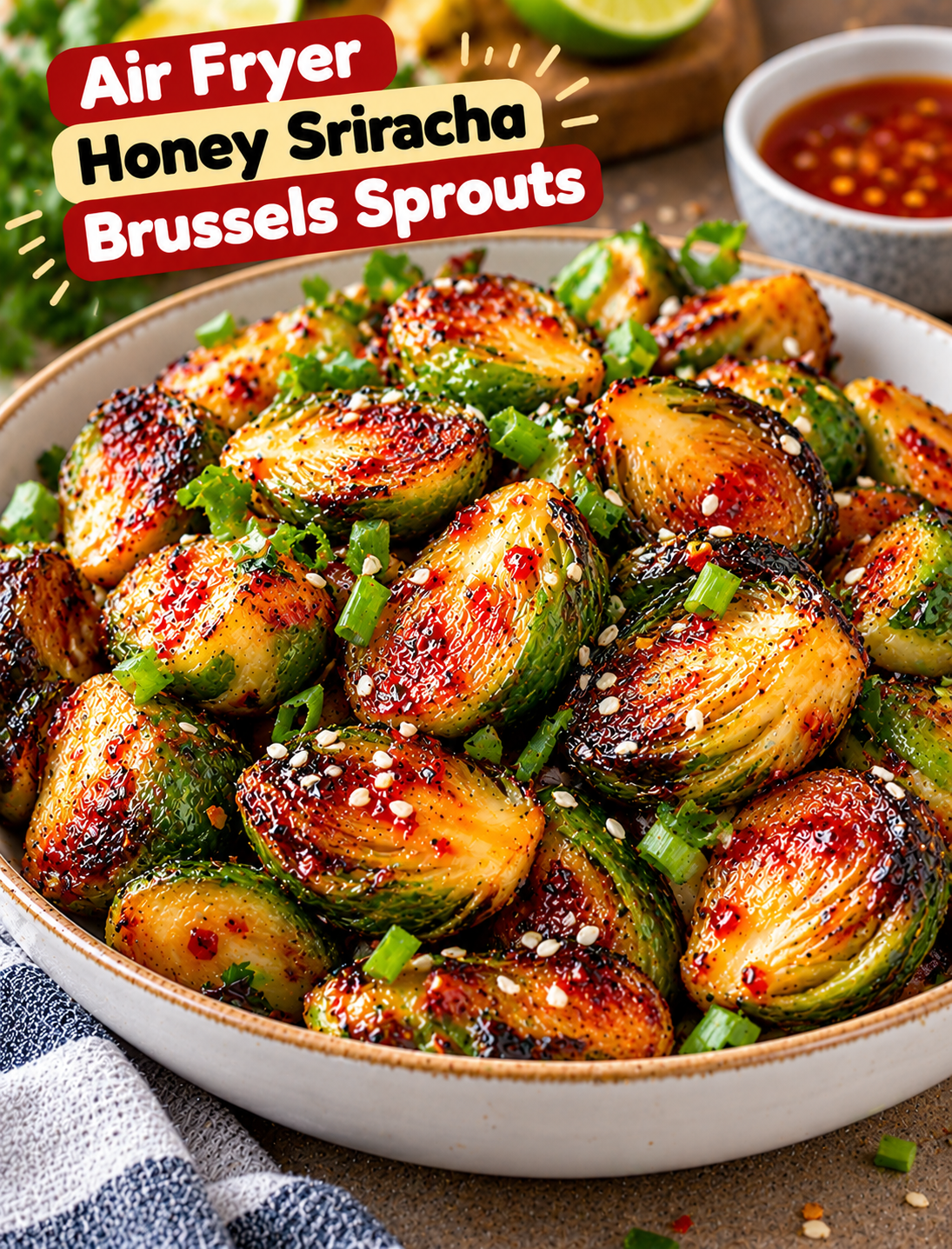 Air fryer honey Sriracha glazed Brussels sprouts with crispy golden edges, sesame seeds, fresh green onions, and a glossy sweet-spicy sauce.
