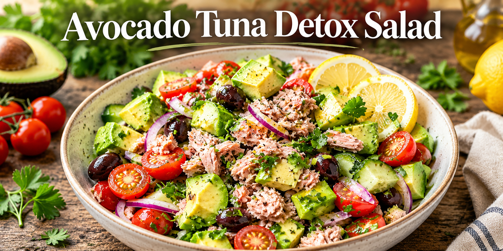 Avocado Tuna Detox Salad with tuna, avocado, cucumber and fresh tomatoes