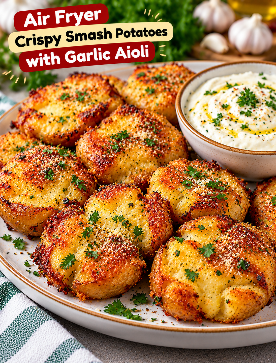 Air fryer crispy smashed baby potatoes seasoned with garlic and herbs, served with creamy garlic aioli dipping sauce.