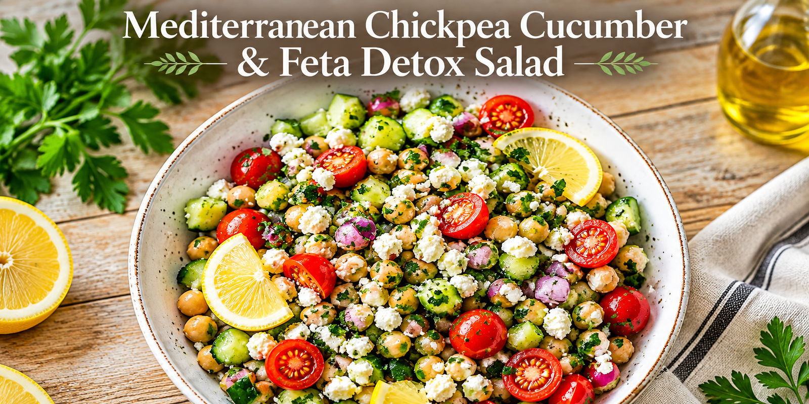 Fresh Mediterranean chickpea cucumber feta detox salad in white bowl with chickpeas, cucumbers, cherry tomatoes, crumbled feta, red onion, parsley, lemon slices, olive oil on wooden table, healthy high protein meal