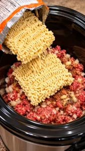 Slow Cooker Beef Ramen with tender ramen noodles, seasoned ground beef, savory sauce, and fresh green onions