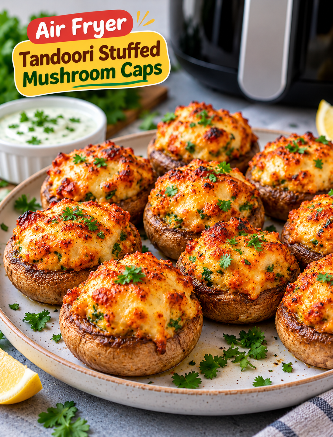 Air Fryer Tandoori Stuffed Mushroom Caps