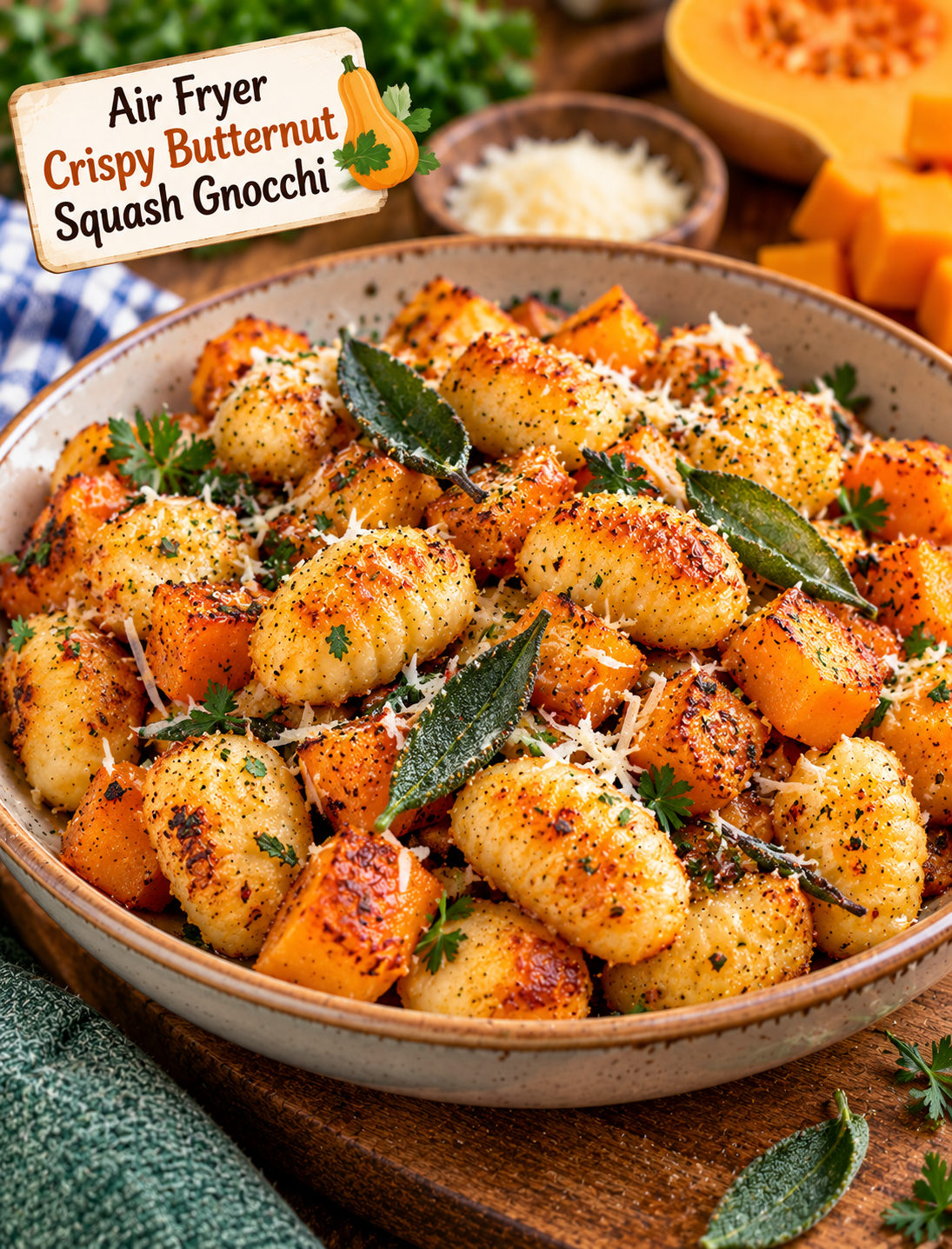 Crispy air fryer butternut squash gnocchi with Parmesan, sage, and roasted squash