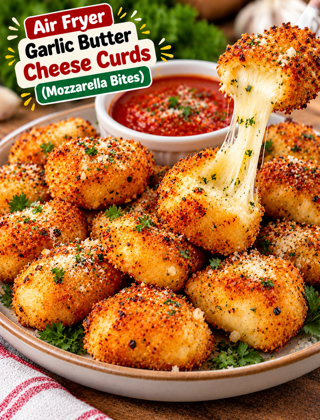 Crispy air fryer garlic butter cheese curds and mozzarella bites coated in golden breadcrumbs, sprinkled with Parmesan, and served with marinara sauce.