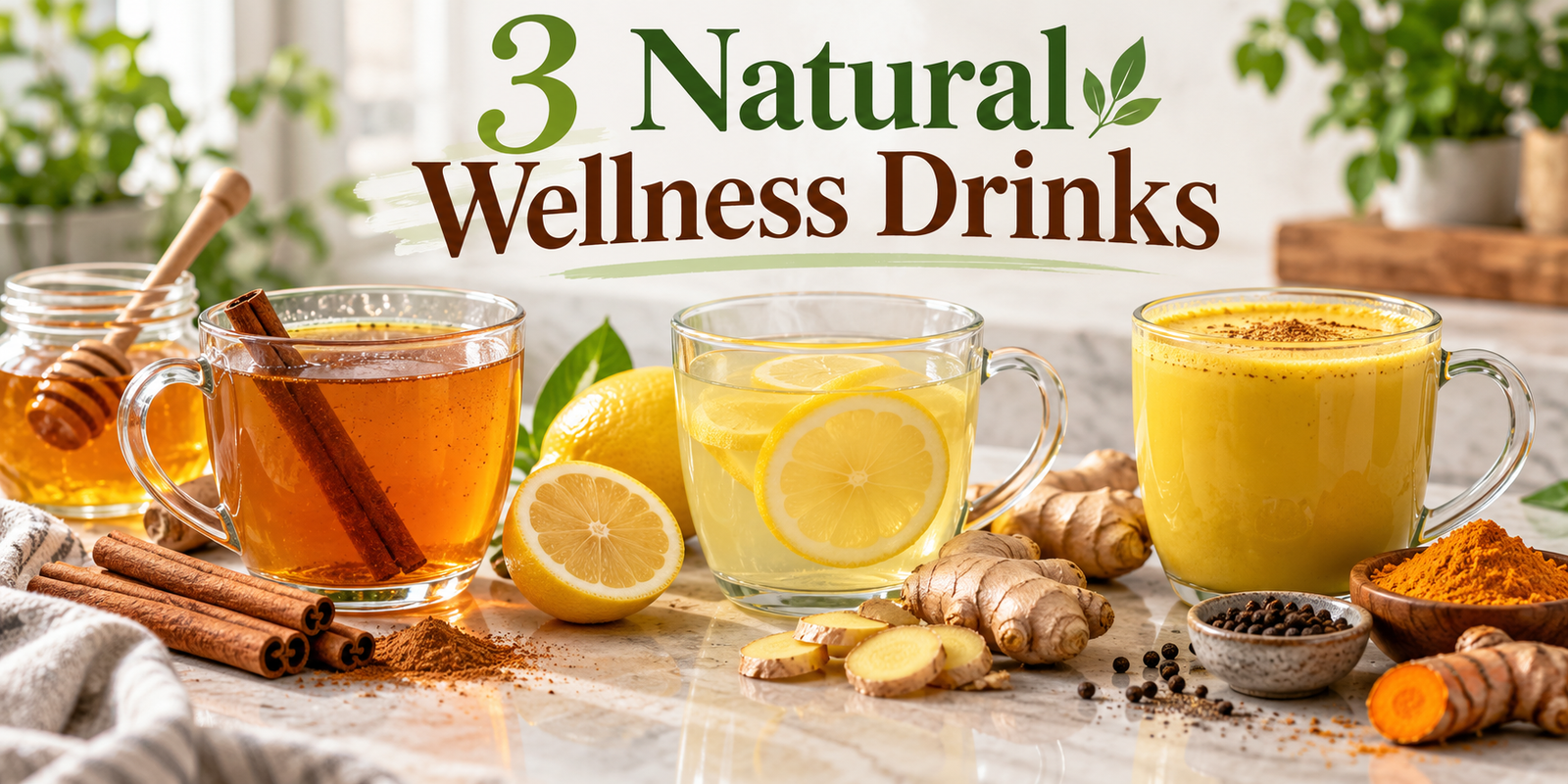3 Natural Wellness Drinks with honey cinnamon, ginger lemon water, and turmeric golden milk
