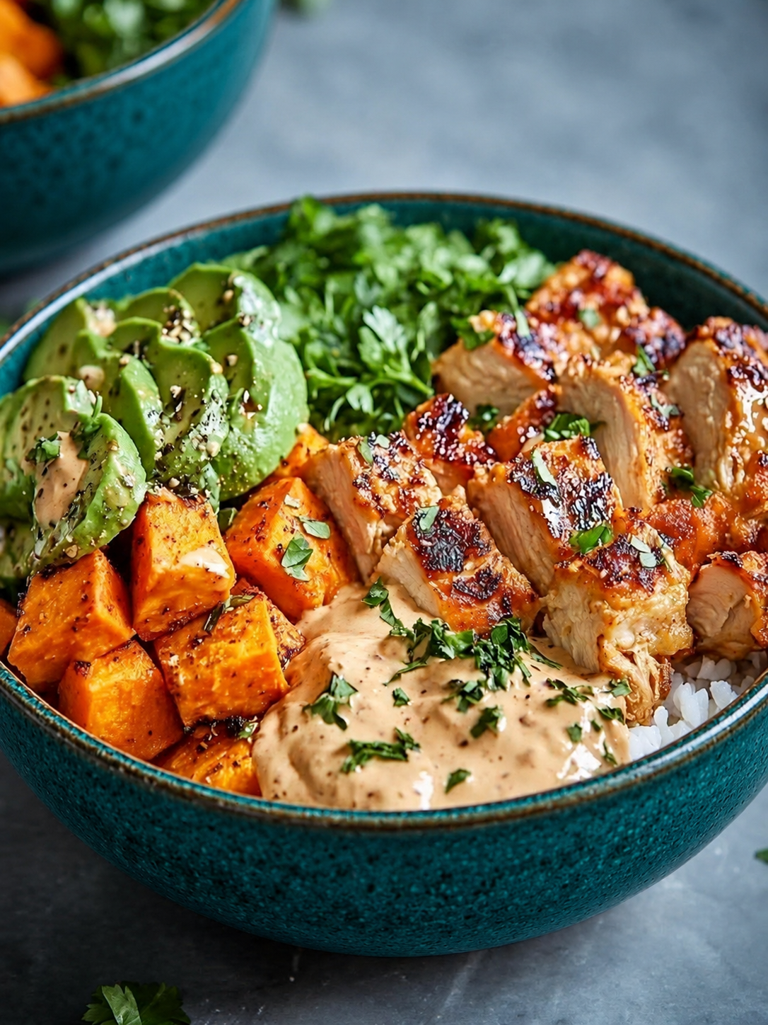 Chicken sweet potato bowls with rice, avocado, fresh greens, and creamy yogurt sauce served in a deep teal bowl