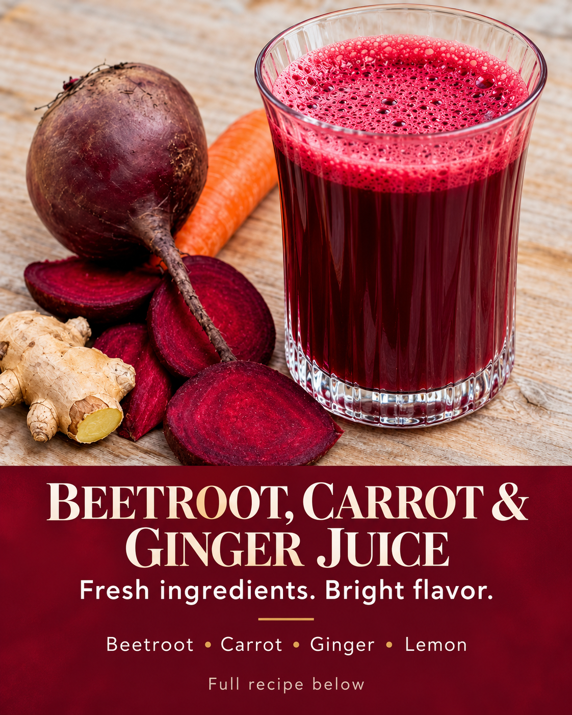 Beetroot carrot ginger juice in a ribbed glass beside fresh beetroot slices, carrot, and ginger on a wooden table