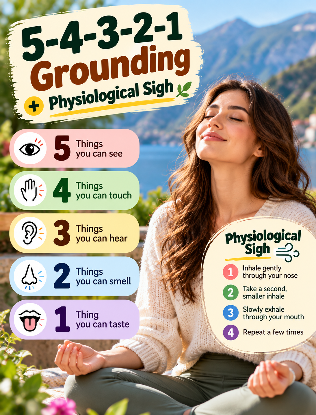 Woman practicing 5-4-3-2-1 grounding and controlled breathing for everyday stress